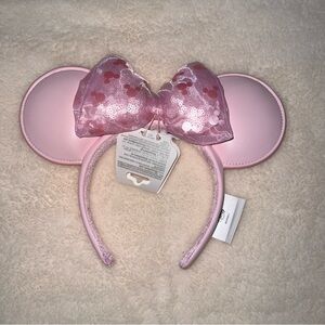 Disney Park Pastel Pink Mickey Icon Organza Sequins Bow Ears Headband NWT